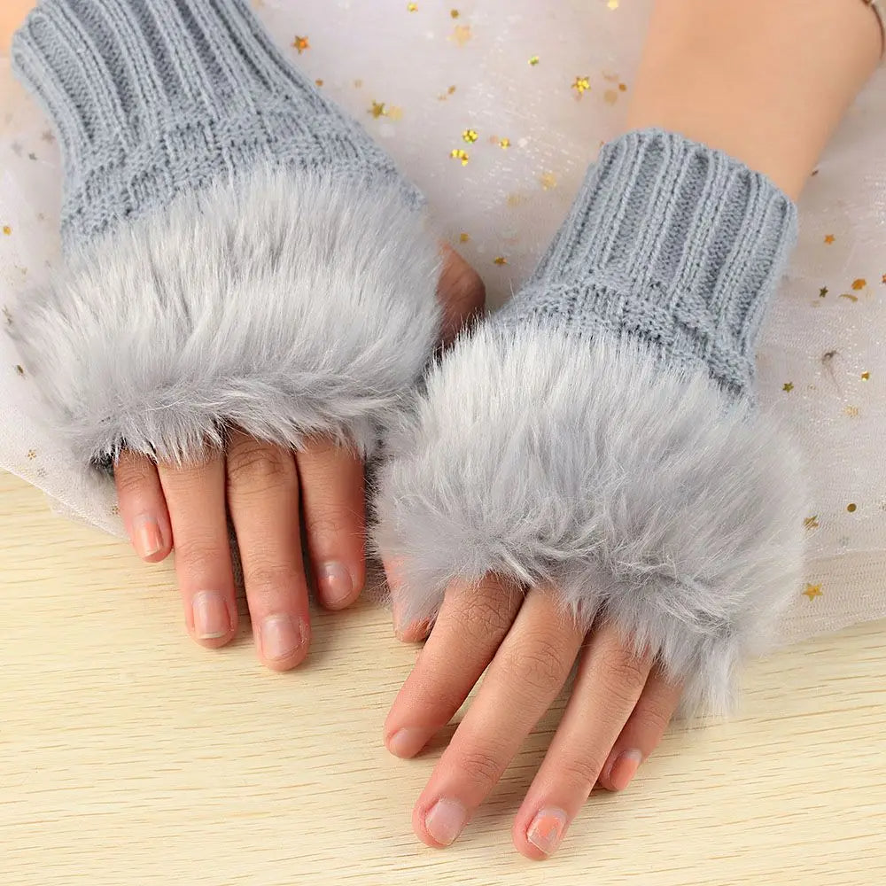 Women Stylish Gloves Elastic Keep Finger Warm Thicken Warm Faux Rabbit Hair Gloves